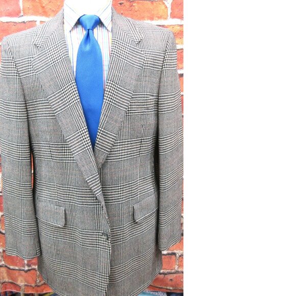 42 R-100% WOOL SPORT COAT BLACK & CREAM GLEN PLAID / HOUNDSTOOTH - Picture 3 of 10
